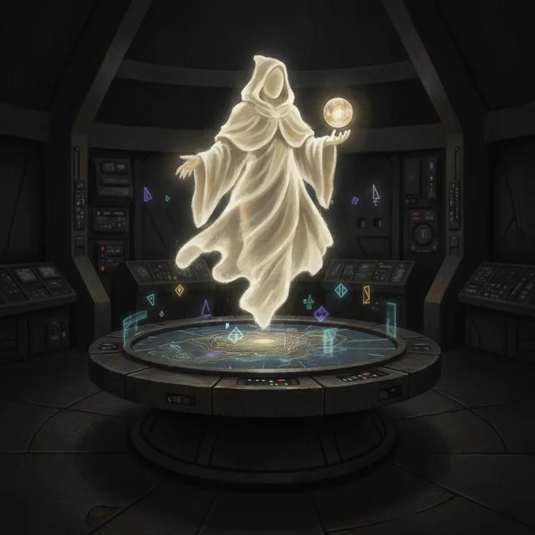 The Archivist — a warm holographic guide of white-gold light